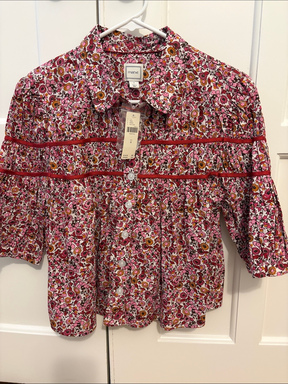 Maeve Pink Floral Button-Front Blouse with Hot Pink Trim